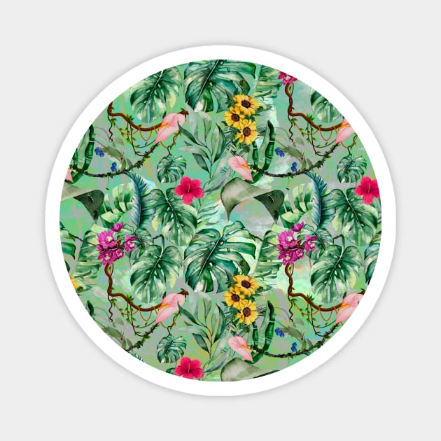 Cute tropical floral leaves botanical illustration, tropical plants,leaves and flowers, mint green leaves pattern Magnet by Zeinab taha